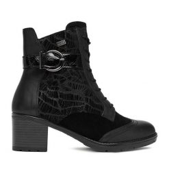 Botki Remonte. Czarne botki damskie Remonte, bez wzorów, bez obcasa, na słupku, bez zapięcia. Za 439.99 zł.