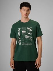 4F T-shirt regular z nadrukiem męski - zielony M. Zielone t-shirty męskie 4F, m, bez wzorów, z bawełny, bez kołnierzyka, bez ramiączek. Za 79.99 zł.