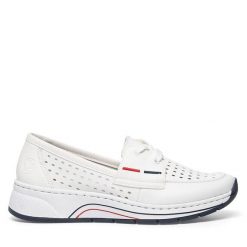 Półbuty Rieker. Białe półbuty damskie Rieker, bez wzorów, bez obcasa, na płaskiej podeszwie, bez zapięcia. Za 339.99 zł.