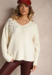 Jasnobeżowy Sweter z Wełną Ozdobiony Cekinami i Kwiatami 3D Calimi. Brązowe swetry nierozpinane damskie Renee, na zimę, l, z aplikacjami, z jeansu, casualowe, bez kołnierzyka, bez ramiączek. Za 139.99 zł.