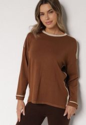 Brązowy Sweter z Bawełną i Metaliczną Nicią Tusima. Brązowe swetry nierozpinane damskie Born2be, l, bez wzorów, z bawełny, eleganckie, bez kołnierzyka, bez ramiączek. Za 79.99 zł.