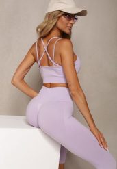 Fioletowy Elastyczny Komplet Fitness Usztywniany Biustonosz i Legginsy z Gumką Orbinra. Fioletowe legginsy damskie Renee, bez wzorów. Za 59.99 zł.