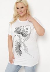 Biały T-shirt z Ozdobnym Nadrukiem i Cyrkoniami Colilena. Białe t-shirty damskie Born2be, uniwersalny, bez wzorów, eleganckie, bez kołnierzyka, bez ramiączek. Za 39.99 zł.