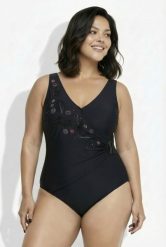 Damskie Strój kąpielowy kopertowy styl miękkie miseczki ozdobna sprzączka. Czarne stroje kąpielowe damskie Ulla Popken, plus size, bez wzorów, z elastanu. Za 191.99 zł.