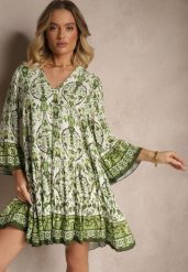 Zielona Sukienka z Wiskozą o Rozkloszowanym Kroju w Etniczny Print Aledia. Zielone sukienki damskie Renee, na co dzień, na lato, l, bez wzorów, z materiału, bez kołnierzyka, bez ramiączek, mini, proste. Za 89.99 zł.