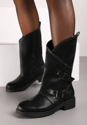 Czarne Asymetryczne Botki Biker Zdobione Klamrami Erimarae. Czarne botki damskie Born2be, z aplikacjami, eleganckie, bez obcasa, na płaskiej podeszwie, bez zapięcia. Za 149.99 zł.