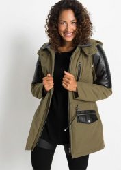 Kurtka parka z wstawkami ze sztucznej skóry. Zielone kurtki damskie bonprix, bez wzorów, z materiału, z kapturem. Za 349.99 zł.