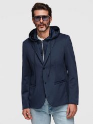 Stylowa marynarka męska z odpinaną podpinką i regulowanym kapturem – granatowa V2 - Rozmiar: XL. Niebieskie marynarki męskie Ombre Clothing, m, bez wzorów, z jeansu, biznesowe, bez kołnierzyka, bez ramiączek. W wyprzedaży za 293.99 zł.