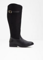 Kozaki z szeroką cholewką i ozdobną klamrą. Czarne kozaki damskie bonprix, bez wzorów, bez obcasa, bez zapięcia. Za 219.99 zł.