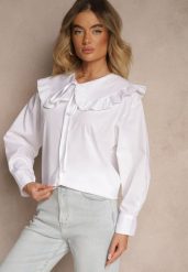 Biała Koszula z Bawełny w Stylu Retro z Wiązaniem i Kołnierzykiem z Falbankami Firsela. Białe koszule damskie Renee, z aplikacjami, z bawełny, klasyczne, bez kołnierzyka, bez ramiączek. Za 89.99 zł.