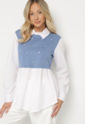 Niebieska Rozkloszowana Bluzka Koszulowa z Wiskozą z Wszytą Kamizelką z Cyrkoniami Uliaviela. Niebieskie bluzki damskie Born2be, bez wzorów, z jeansu, eleganckie, bez kołnierzyka, bez ramiączek. Za 84.99 zł.