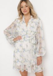 Biało-Niebieska Sukienka Rozkloszowana z Materiałowym Paskiem w Talii Ozdobiona Falbankami Kleviorna. Białe sukienki damskie Born2be, do pracy, l, bez wzorów, z materiału, biznesowe, bez kołnierzyka, bez ramiączek, mini, rozkloszowane. Za 139.99 zł.