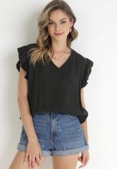 Czarna Bluzka z Falbankami i Złotą Nitką Gracelly. Czarne bluzki damskie Born2be, xl, bez wzorów, bez kołnierzyka, bez ramiączek. Za 39.99 zł.