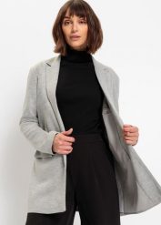 Długi żakiet z dżerseju z kieszeniami. Szare marynarki i żakiety damskie bonprix, bez wzorów, z dżerseju, bez kołnierzyka, bez ramiączek. Za 169.99 zł.