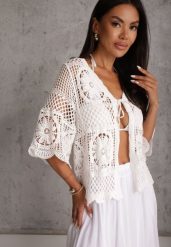 Biały Ażurowy Kardigan-Narzutka z Bawełny w Stylu Boho z Wiązaniem Panestra. Białe kardigany damskie Renee, na lato, m, w ażurowe wzory, z bawełny, boho, bez kołnierzyka. Za 79.99 zł.