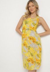 Żółta Sukienka w Kwiaty o Rozkloszowanym Kroju na Szerokich Ramiączkach Naivoriel. Żółte sukienki damskie Born2be, na co dzień, l, bez wzorów, z zamszu, eleganckie, bez kołnierzyka, bez ramiączek, midi, rozkloszowane. Za 39.99 zł.