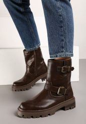 Brązowe Botki Bikery na Grubej Tłoczonej Podeszwie Ozdobione Klamrami Ravalissae. Brązowe botki damskie Born2be, bez wzorów, z jeansu, eleganckie, bez obcasa, na obcasie, bez zapięcia. Za 139.99 zł.