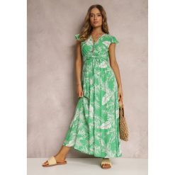 Zielona Sukienka z Paskiem Panovera. Zielone sukienki damskie Renee, l, z aplikacjami, z materiału, bez kołnierzyka, bez ramiączek, maxi, kopertowe. Za 74.99 zł.