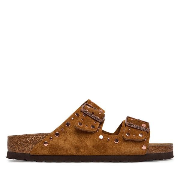 Klapki Birkenstock. Brązowe klapki damskie Birkenstock, bez wzorów, bez obcasa, bez zapięcia. Za 639.99 zł.
