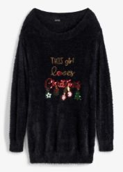 Sweter off-shoulder z bożonarodzeniowym motywem. Czarne swetry nierozpinane damskie bonprix, bez wzorów, bez kołnierzyka, bez ramiączek. Za 149.99 zł.