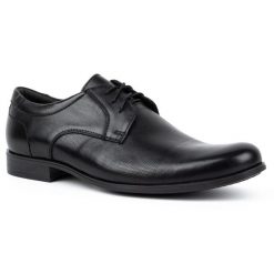 Kampol Buty męskie eleganckie skórzane 344KAM czarne. Czarne buty wizytowe męskie bez wzorów, z jeansu, bez obcasa, bez zapięcia. Za 362.62 zł.