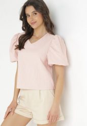 Różowa Bluzka z Bufiastymi Krótkimi Rękawami Casania. Czerwone bluzki damskie Born2be, m, bez wzorów, eleganckie, bez kołnierzyka, bez ramiączek. Za 119.99 zł.