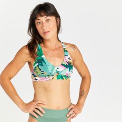 Góra kostiumu kąpielowego surfingowego damska Olaian Agatha Tropical. Zielone stroje kąpielowe damskie OLAIAN, bez wzorów, z elastanu. W wyprzedaży za 39.99 zł.