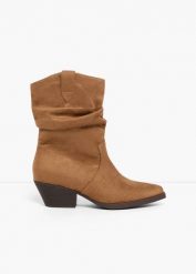 Botki kowbojki z marszczeniem. Brązowe botki damskie bonprix, bez wzorów, eleganckie, bez obcasa, bez zapięcia. Za 169.99 zł.