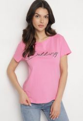 Różowy Bawełniany T-shirt z Ozdobnym Napisem Virretis. Czerwone t-shirty damskie Born2be, m, bez wzorów, z bawełny, klasyczne, bez kołnierzyka, bez ramiączek. Za 34.99 zł.