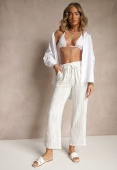 Białe Spodnie High Waist ze Sznurkiem Savurelle. Białe spodnie materiałowe damskie Renee, z aplikacjami, z jeansu, sportowe, z podwyższonym stanem. Za 39.99 zł.