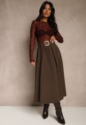 Brązowa Spódnica z Wiskozą o Rozkloszowanym Kroju z Paskiem z Klamrą Tiavela. Brązowe spódnice damskie Renee, na co dzień, bez wzorów, z koronki, eleganckie, maxi, dopasowane. Za 109.99 zł.