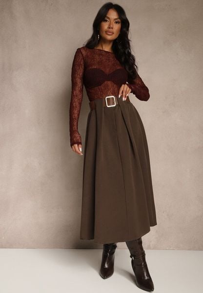 Brązowa Spódnica z Wiskozą o Rozkloszowanym Kroju z Paskiem z Klamrą Tiavela. Brązowe spódnice damskie Renee, na co dzień, bez wzorów, z koronki, eleganckie, maxi, dopasowane. Za 109.99 zł.
