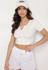 Beżowy Bawełniany T-shirt z Prążkowanego Materiału Linalora. Brązowe t-shirty damskie Born2be, l, bez wzorów, z bawełny, biznesowe, bez kołnierzyka, bez ramiączek. Za 29.99 zł.