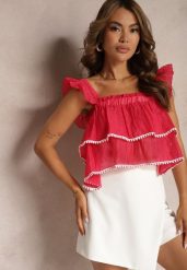 Fuksjowy Top na Ramiączkach z Falbankami i Możliwością Odpięcia Treviana. Czerwone topy damskie Renee, l, bez wzorów, bez kołnierzyka, bez ramiączek. Za 39.99 zł.