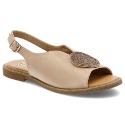 Sandały damskie Filippo, zapinane sprzączką na płaskim obcasie z ozdobą, beżowe, DS6229-25-BE. Brązowe sandały damskie Filippo, z aplikacjami, ze skóry, bez obcasa, na płaskiej podeszwie, bez zapięcia. Za 99.99 zł.