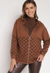 Brązowy Kardigan na Suwak z Kapturem i Geometrycznym Motywem Lunetusa. Brązowe kardigany damskie Born2be, l, bez wzorów, z jeansu, eleganckie, bez kołnierzyka. Za 99.99 zł.