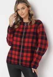 Czerwono-Czarny Zasuwany Kardigan w Kratę Mimara. Czerwone kardigany damskie Born2be, l, bez wzorów, z bawełny, eleganckie, bez kołnierzyka. Za 129.99 zł.