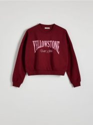Bluza oversize z nadrukiem - bordowy. Czerwone bluzy damskie Reserved, l, bez wzorów, z bawełny, bez ramiączek, bez kaptura. W wyprzedaży za 49.99 zł.