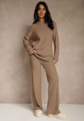 Ciemnobeżowy Komplet z Wełną i Bawełną Szerokie Spodnie i Sweter o Długim Kroju Reilissa. Brązowe swetry nierozpinane damskie Renee, l, bez wzorów, z bawełny, bez kołnierzyka, bez ramiączek. Za 139.99 zł.