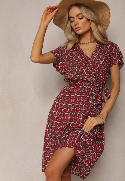 Czerwona Letnia Sukienka Kopertowa Wiązana w Pasie z Wiskozy Meridase. Czerwone sukienki damskie Renee, na lato, m, bez wzorów, z wiskozy, bez kołnierzyka, bez ramiączek, midi, kopertowe. Za 59.99 zł.