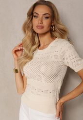 Beżowa Klasyczna Bluzka w Ażurowy Wzór Lidakra. Brązowe bluzki damskie Renee, s, w ażurowe wzory, z jeansu, eleganckie, bez kołnierzyka, bez ramiączek. Za 64.99 zł.