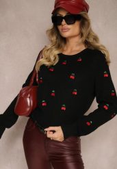 Czarny Sweter z Wiskozą i Haftowanymi Wisienkami Vaioria. Czarne swetry nierozpinane damskie Renee, bez wzorów, z jeansu, casualowe, bez kołnierzyka, bez ramiączek. Za 109.99 zł.