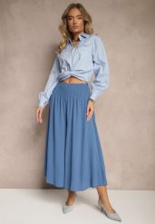 Niebieskie Spodnie Typu Kuloty High Waist o Szerokim Kroju z Marszczeniem Araliannis. Niebieskie spodnie materiałowe damskie Renee, bez wzorów, z jeansu, eleganckie, z podwyższonym stanem. Za 39.99 zł.