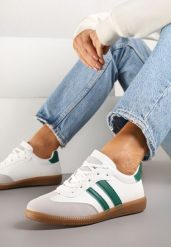 Biało-Zielone Sneakersy Sportowe Tenisówki z Modnymi Przeszyciami i Paskami Zarelna. Białe obuwie sportowe damskie Renee, bez wzorów, bez zapięcia, tenisowe. Za 69.99 zł.