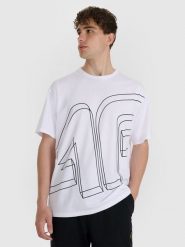 4F T-shirt oversize z nadrukiem męski - biały S. Białe t-shirty męskie 4F, m, bez wzorów, z bawełny, bez kołnierzyka, bez ramiączek. W wyprzedaży za 29.99 zł.