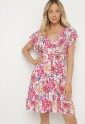Fuksjowa Bawełniana Sukienka w Kwiaty z Kopertowym Dekoltem Rozkloszowana Jenovienna. Czerwone sukienki damskie Born2be, na co dzień, l, bez wzorów, z bawełny, eleganckie, bez kołnierzyka, bez ramiączek, mini, kopertowe. Za 39.99 zł.