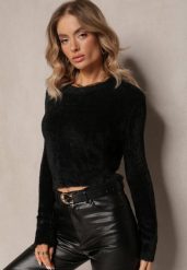 Czarny Puchaty Sweter o Krótkim Kroju Darilin. Czarne swetry nierozpinane damskie Renee, bez wzorów, z dzianiny, casualowe, bez kołnierzyka, bez ramiączek. Za 54.99 zł.