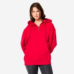 Bluza z kapturem damska Domyos Gym & Pilates Oversize. Czerwone bluzy damskie DOMYOS, xs, bez wzorów, z bawełny, sportowe, bez ramiączek, z kapturem. Za 99.99 zł.