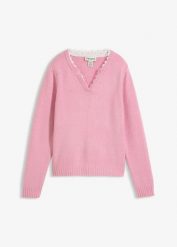 Sweter z koronkową wstawką. Czerwone swetry nierozpinane damskie bonprix, bez wzorów, z koronki, bez kołnierzyka, bez ramiączek. Za 107.99 zł.
