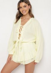 Żółty Wiązany Bawełniany Kombinezon Boho z Falbankami i Wiązaniem Lalelia. Żółte sukienki damskie Born2be, na co dzień, na lato, uniwersalny, bez wzorów, z bawełny, boho, bez kołnierzyka, bez ramiączek, proste. Za 149.99 zł.
